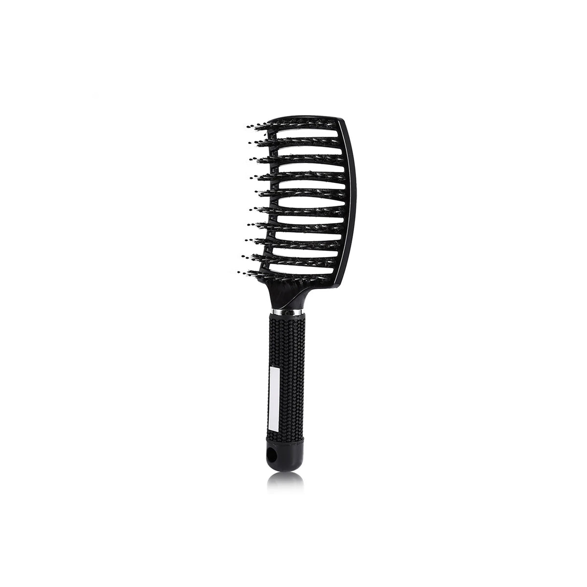 Black curved curling brush with open design and ergonomic handle, suitable for defining curls and reducing frizz.