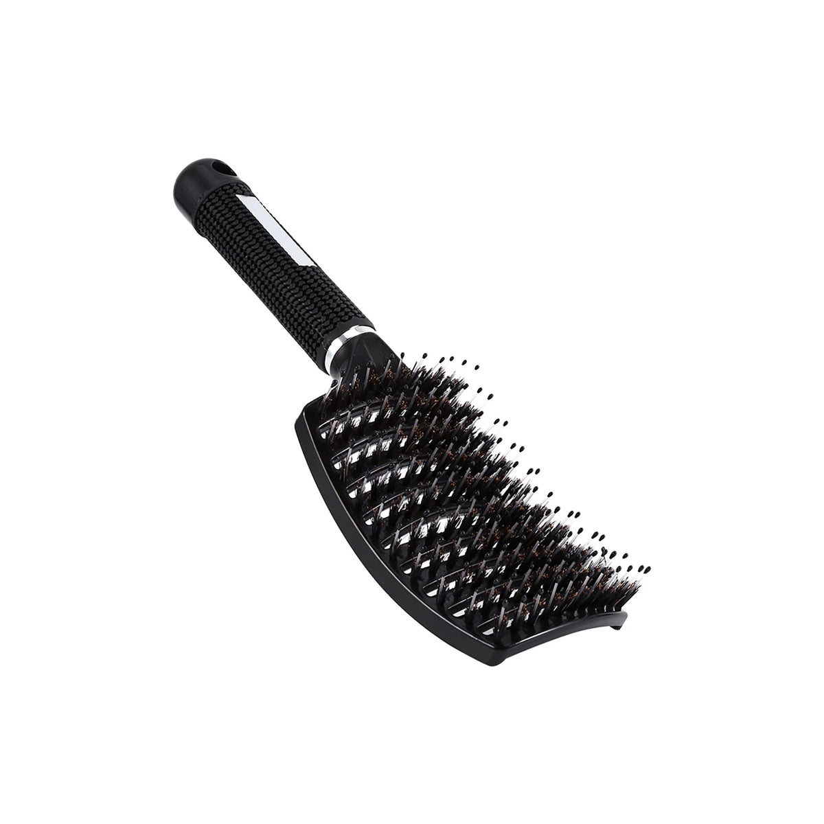 Black Curlease Curve Brush with curved brush head and flexible spikes, designed to shape curls, give volume and gently detangle hair.