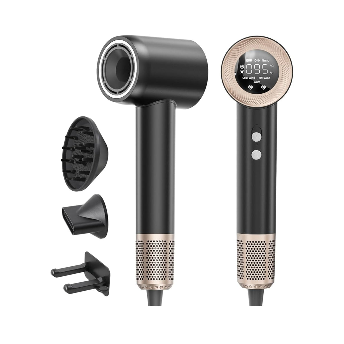 Black ionic hair dryer with LED display, digital temperature display and accessories: diffuser, concentrator and wall holder.
