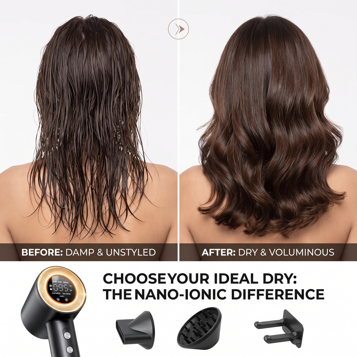Before and after hair drying with nano-ionic hair dryer: wet frizzy hair is transformed into shiny, wavy and voluminous hair.