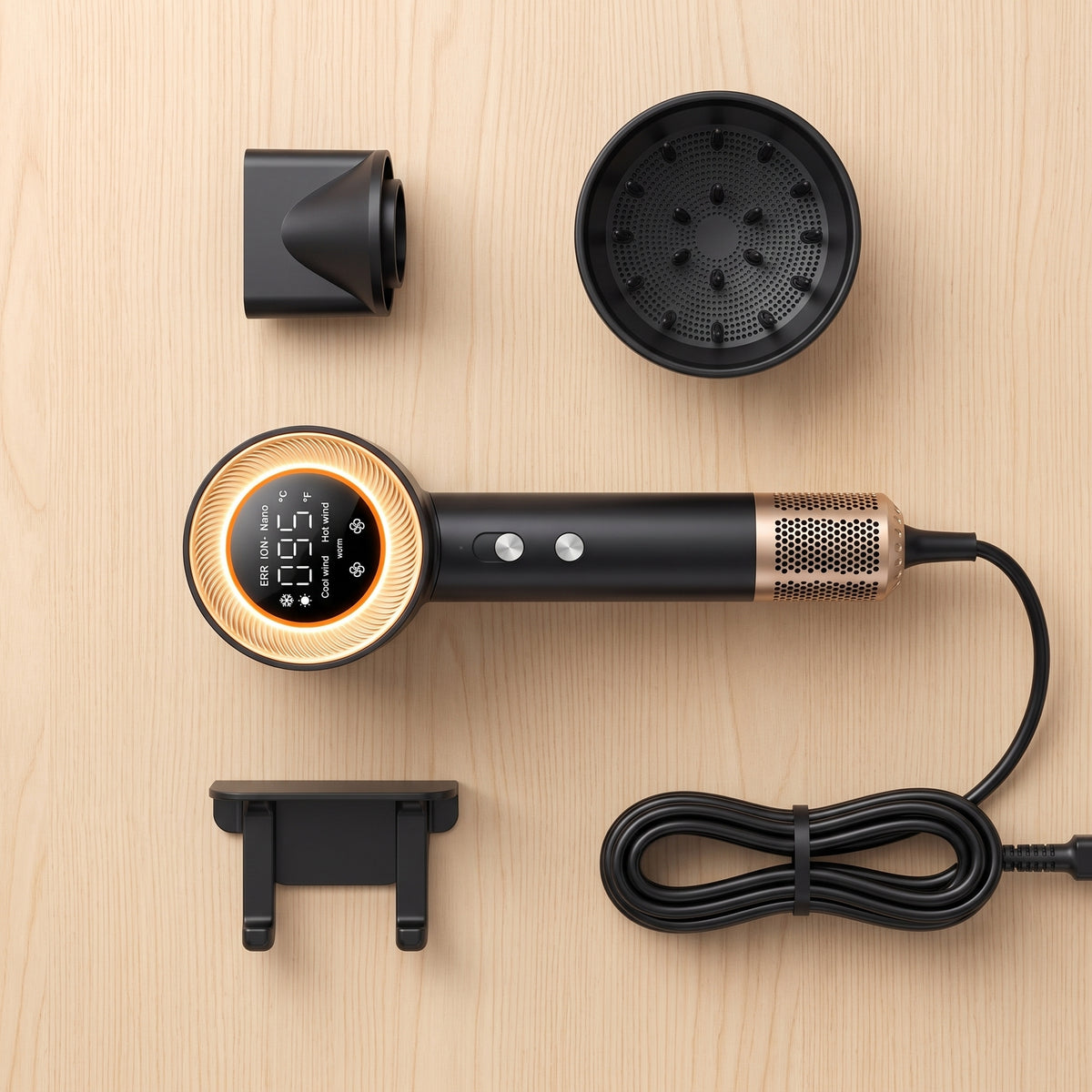 Hairtechnic hairdryer in black and gold with digital display, concentrator, diffuser and cord on wooden table.