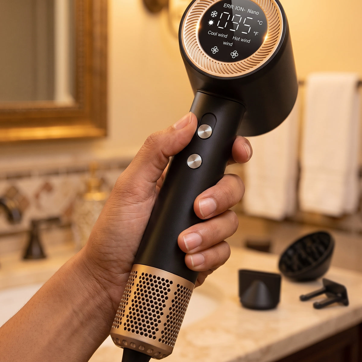 Hand holding black-gold hair dryer with LED display showing temperature and wind settings in bathroom.