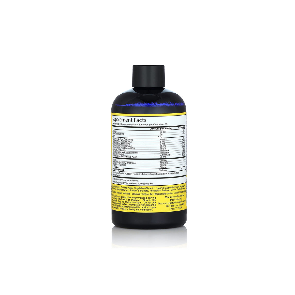 Close-up of the back of a bottle of Curls Blissful Lengths Liquid Hair Growth Vitamin showing "Supplement Facts".