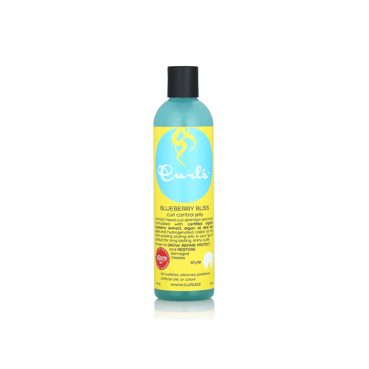 Bottle of Curls Blueberry Bliss Curl Control Jelly with yellow label and black cap.