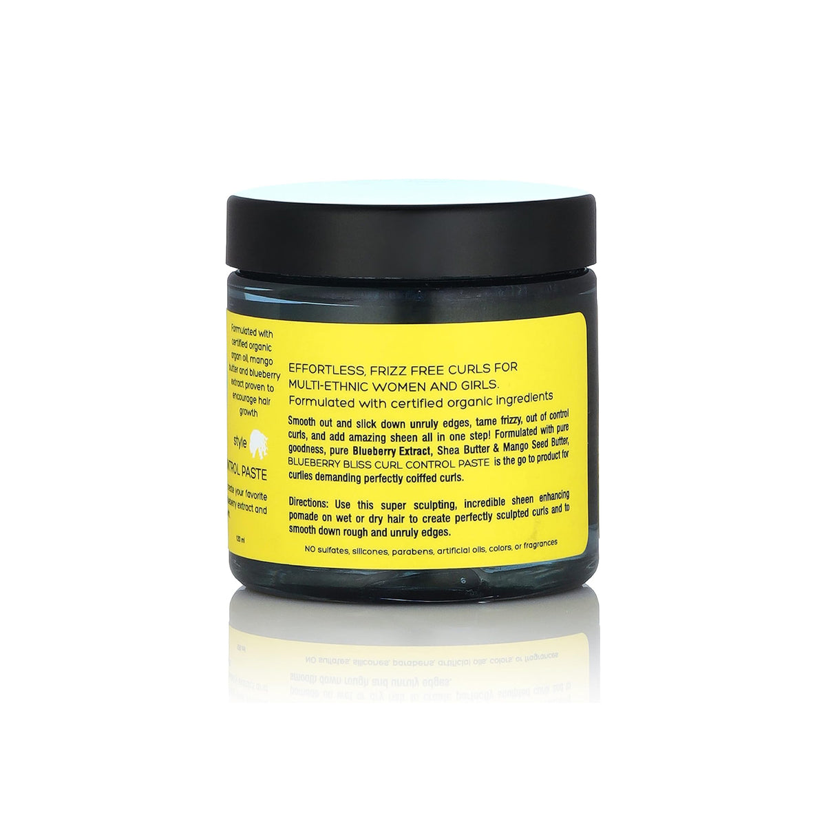 Close-up of the Curls Blueberry Bliss Curl Control Paste jar, focusing on the label detailing the product's benefits and uses.
