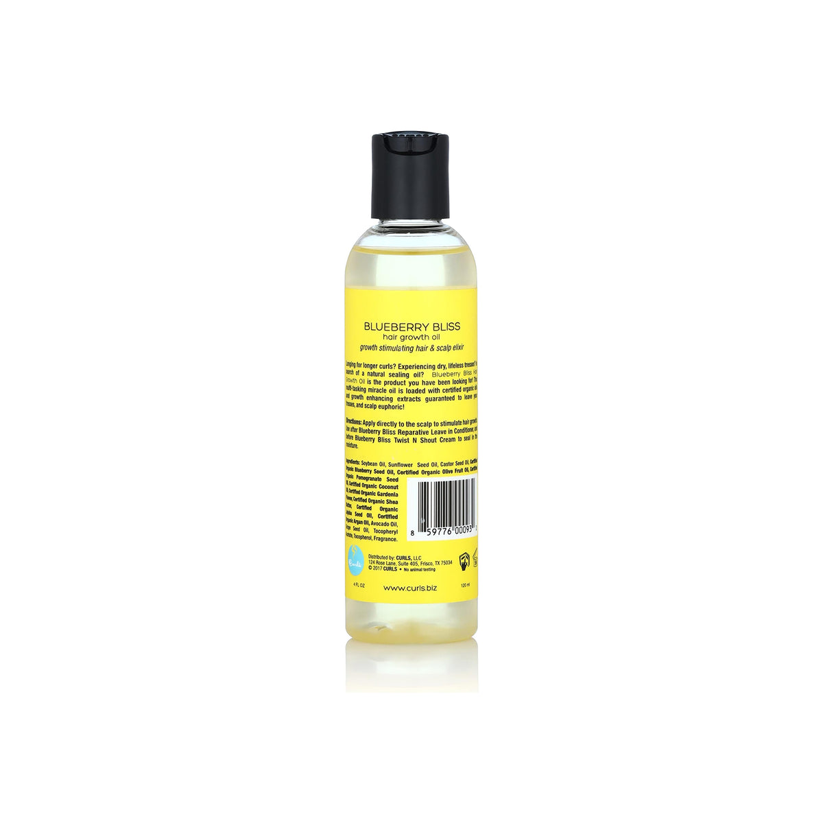 Close-up of the back of a bottle of Curls Blueberry Bliss Hair Growth Oil with product information.