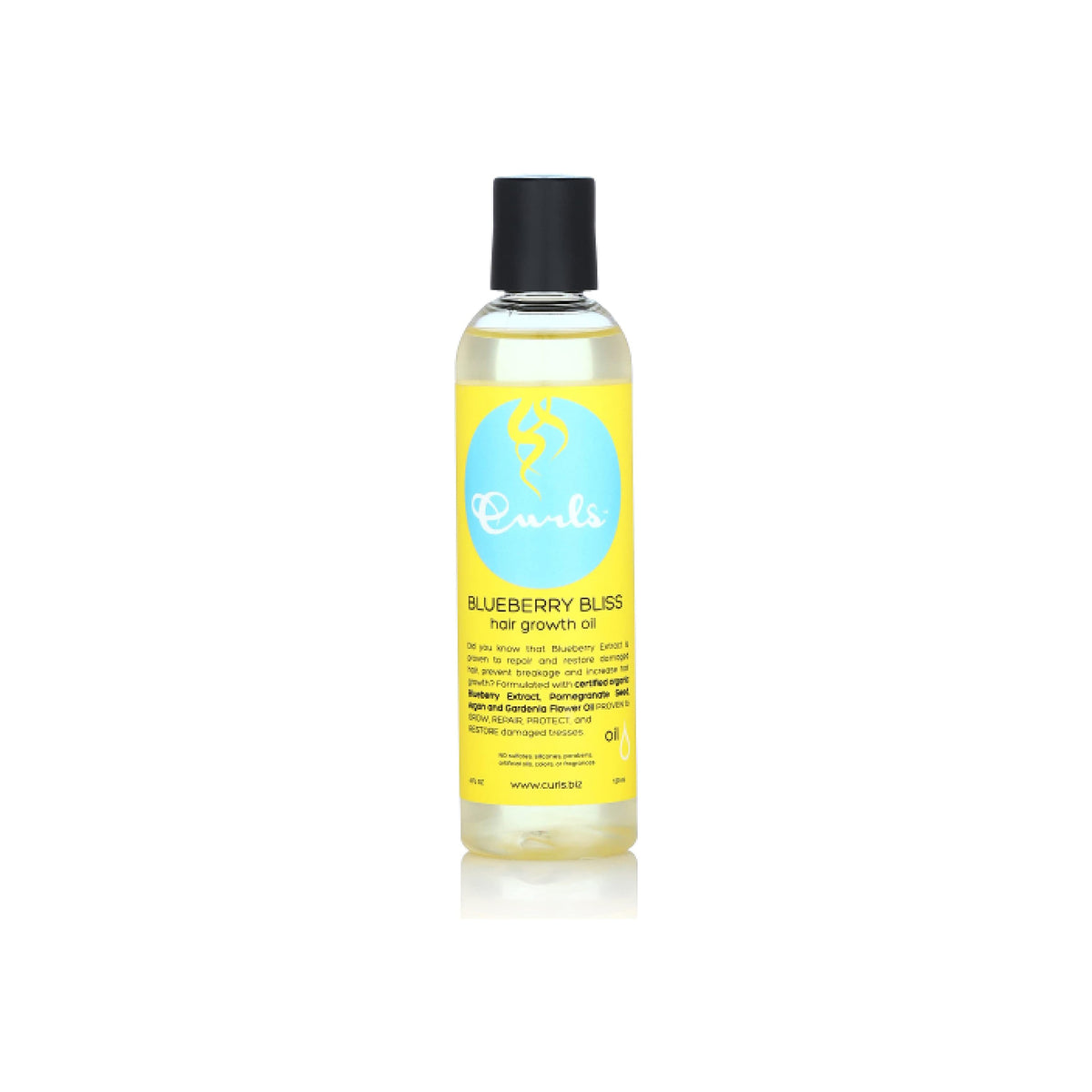 Bottle of Curls Blueberry Bliss Hair Growth Oil. Clear oil in transparent bottle with yellow label and black top.