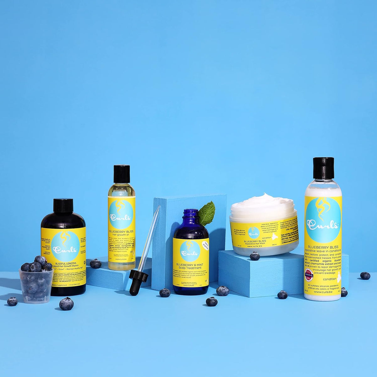 Various Curls Blueberry Bliss hair products, including oil in black and clear bottle, blue serum bottle and white cream, arranged with fresh blueberries on light blue surface.