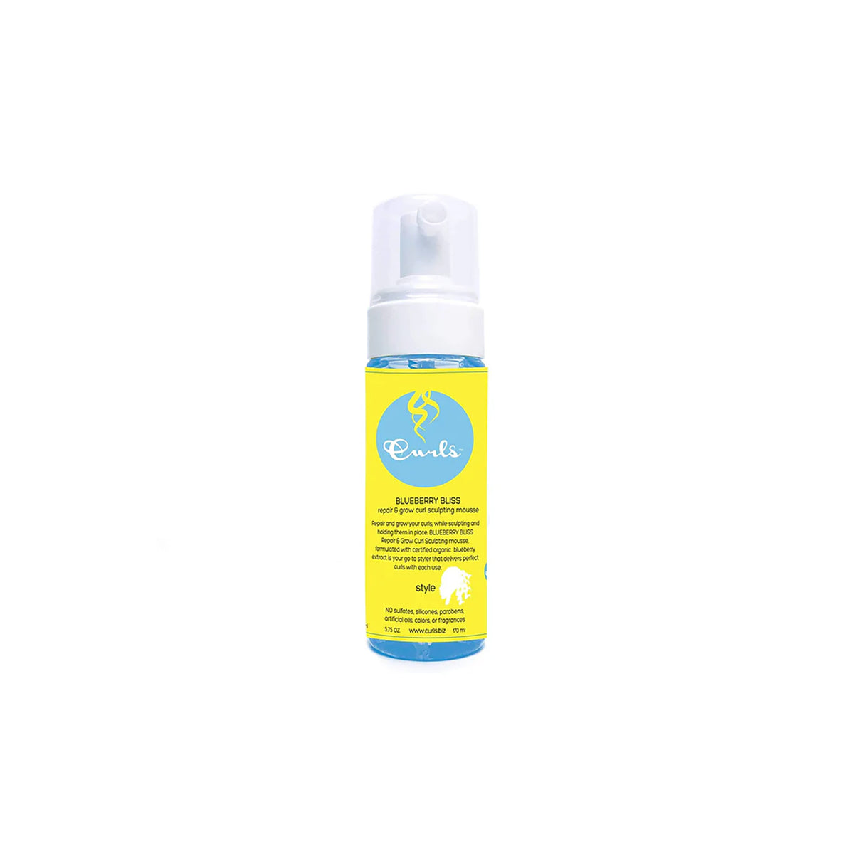 Curls Blueberry Bliss Repair & Grow Curl Sculpting Mousse (170 ml). Blue styling mousse for curls that repairs and promotes growth.