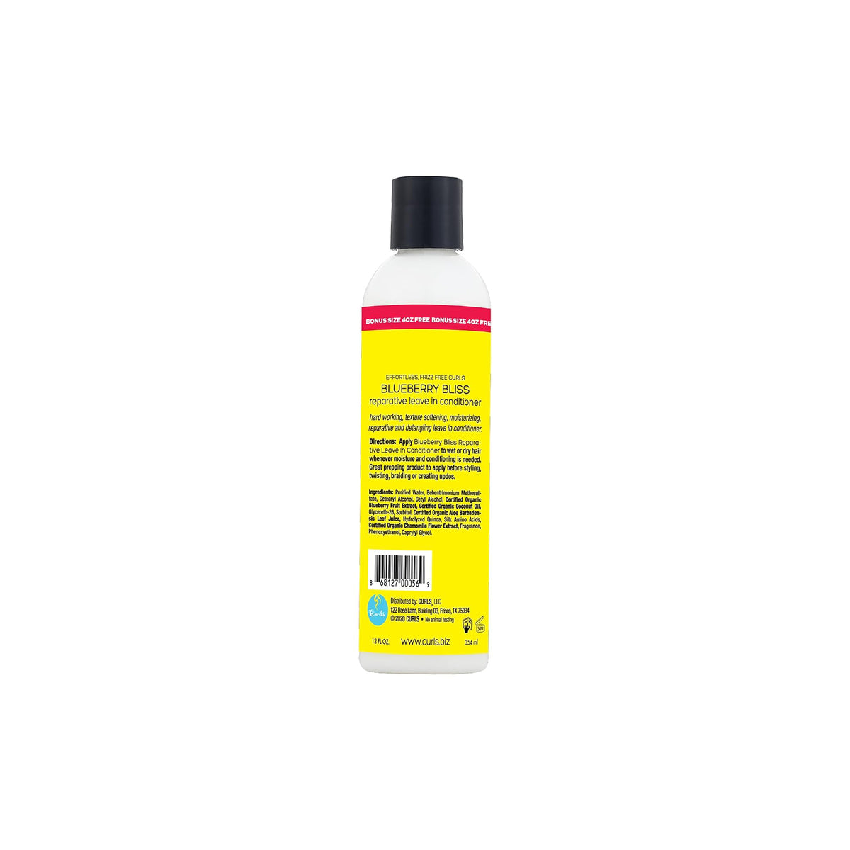 The back of Curls Blueberry Bliss Reparative Leave-In Conditioner (236ml + bonus size). White bottle with black cap and light blue/yellow label showing the list of ingredients and instructions for use.