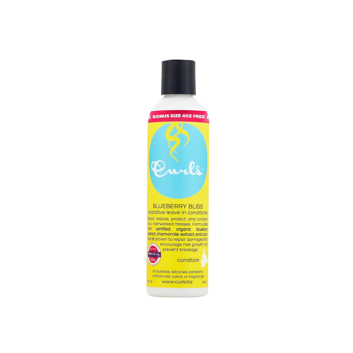Curls Blueberry Bliss Reparative Leave-In Conditioner (236ml + bonus size). White bottle with light blue label and black cap.