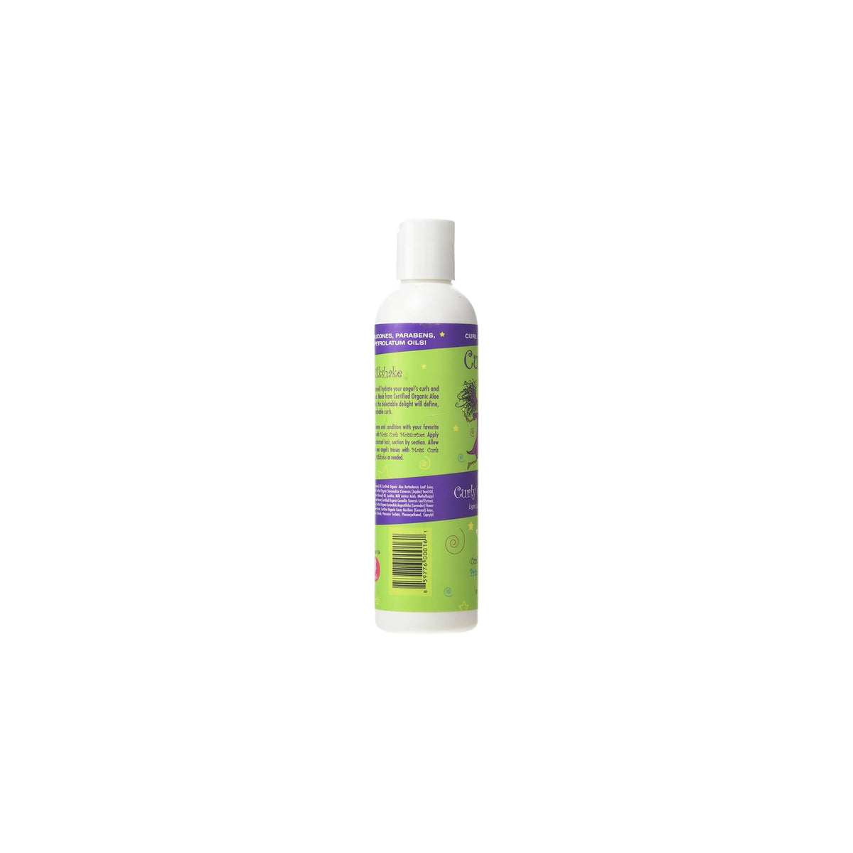 The back of Curls Curly Q's Milkshake Curl Lotion for Fine Curly Hair (240ml). White bottle with green label showing ingredient list.