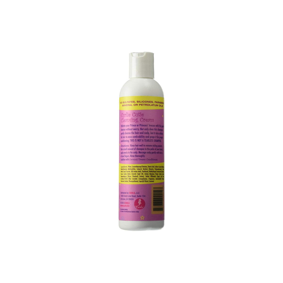 The back of Curls Curly Q's Curlie Cutie Cleansing Cream (240ml). White bottle with pink and purple label with list of ingredients.