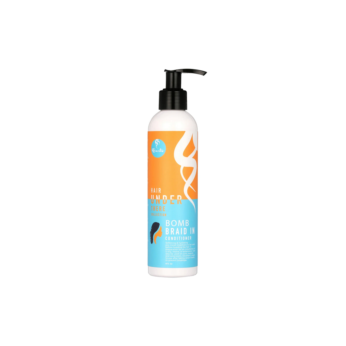Curls Hair Under There Bomb Braid In Conditioner (236 ml). White bottle with orange and turquoise label and black pump. 