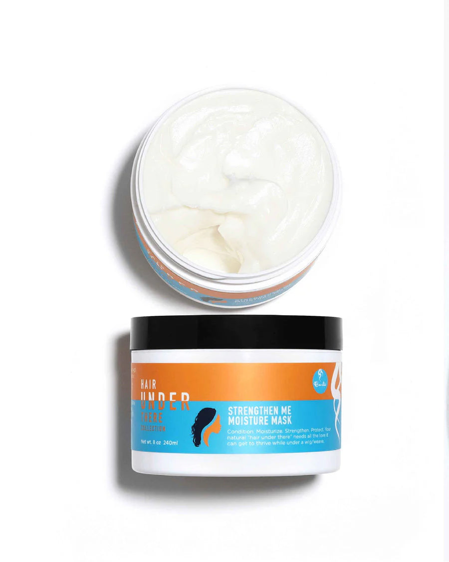 Curls Hair Under There Strengthen Me Moisture Mask (240ml) with open lid showing the white, creamy mask.