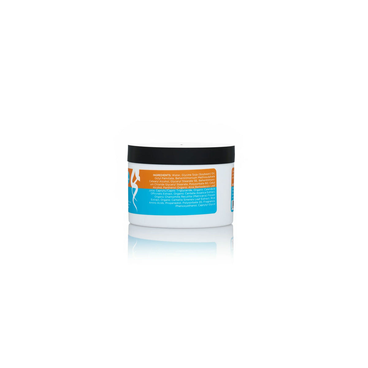 The back of Curls Hair Under There Strengthen Me Moisture Mask (240ml). White jar with orange and blue label with ingredients and instructions for use. 
