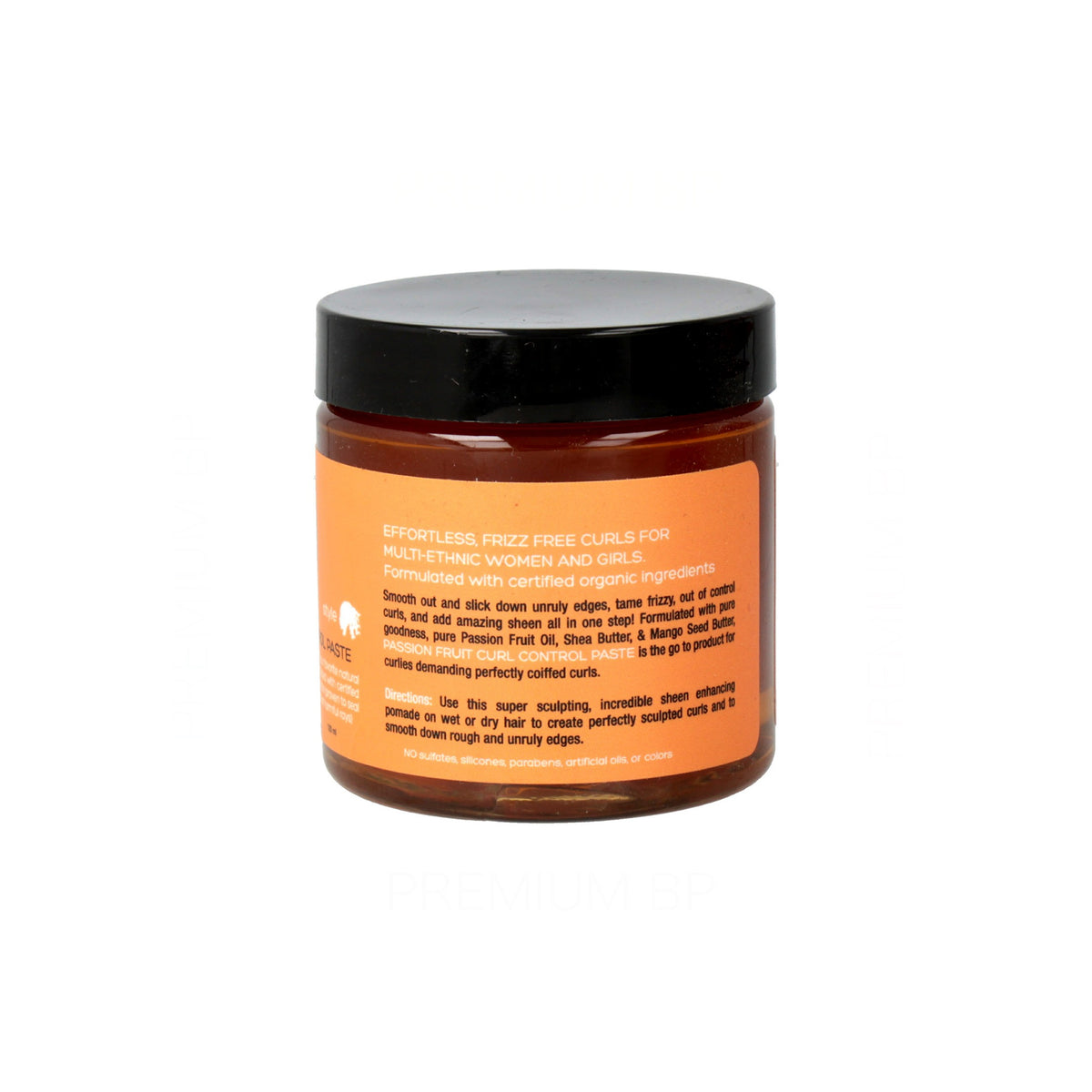 Curls Passion Fruit Curl Control Paste (120 ml) back. Orange label with product description for defined curls and frizz control.