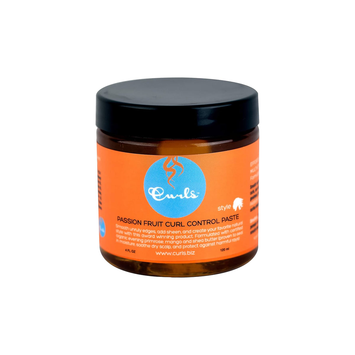 Curls Passion Fruit Curl Control Paste (120 ml) in a clear jar with black lid and orange label. Styling paste for curls with passion fruit.