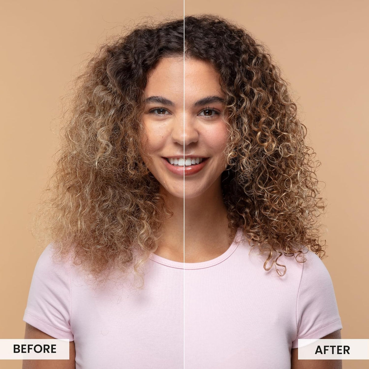 Before and after comparison of curly hair: dry and frizzy on the left, defined and shiny on the right after hair care treatment.
