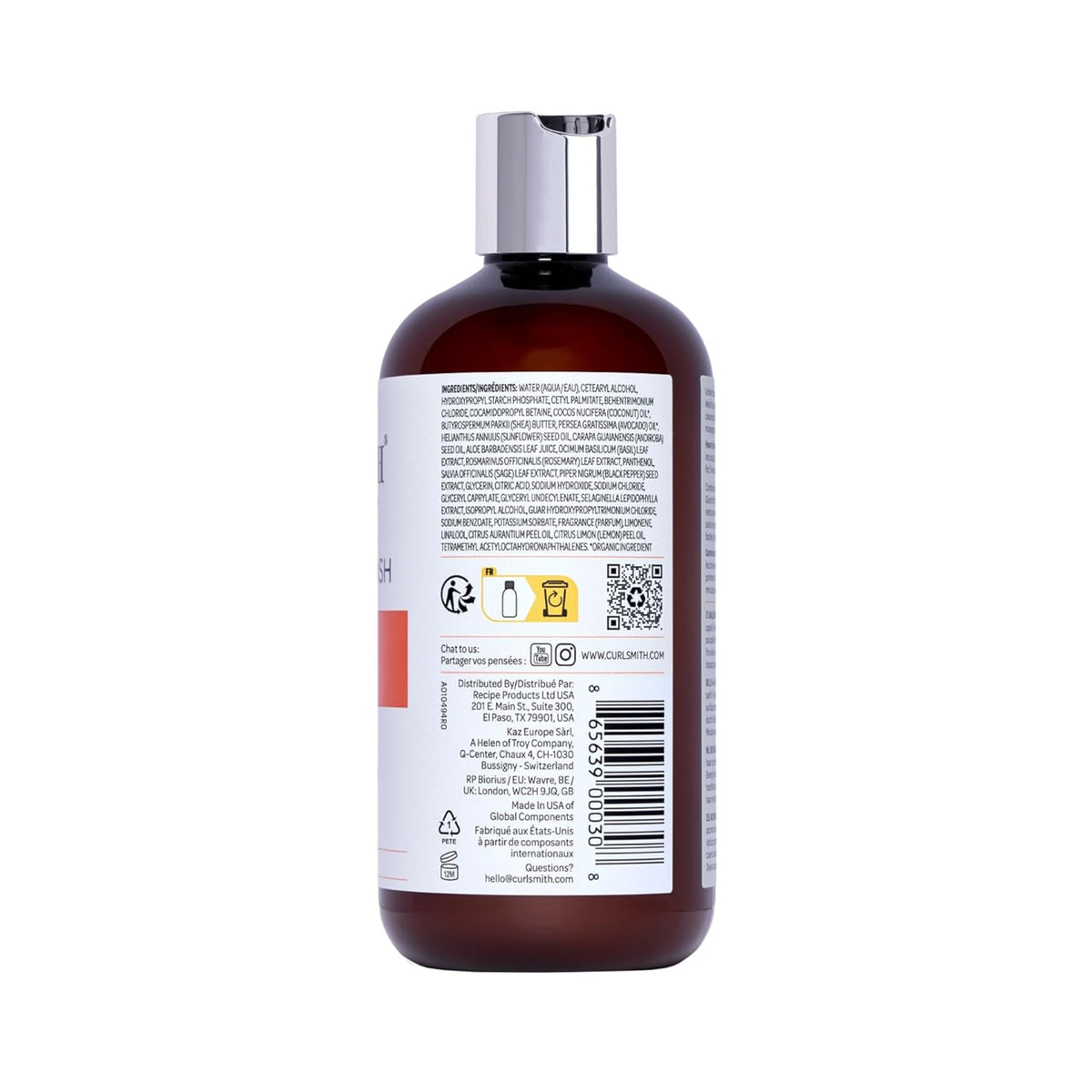 Curlsmith brown bottle with silver lid, ingredient list and barcode visible on label.