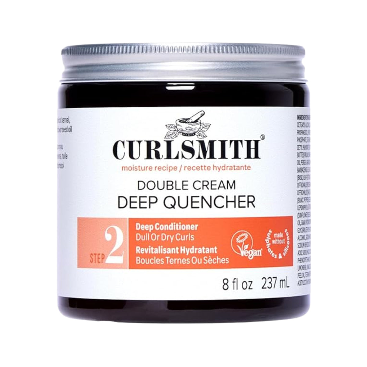 Curlsmith Double Cream Deep Quencher deep conditioner in black jar with silver lid, 237 ml.