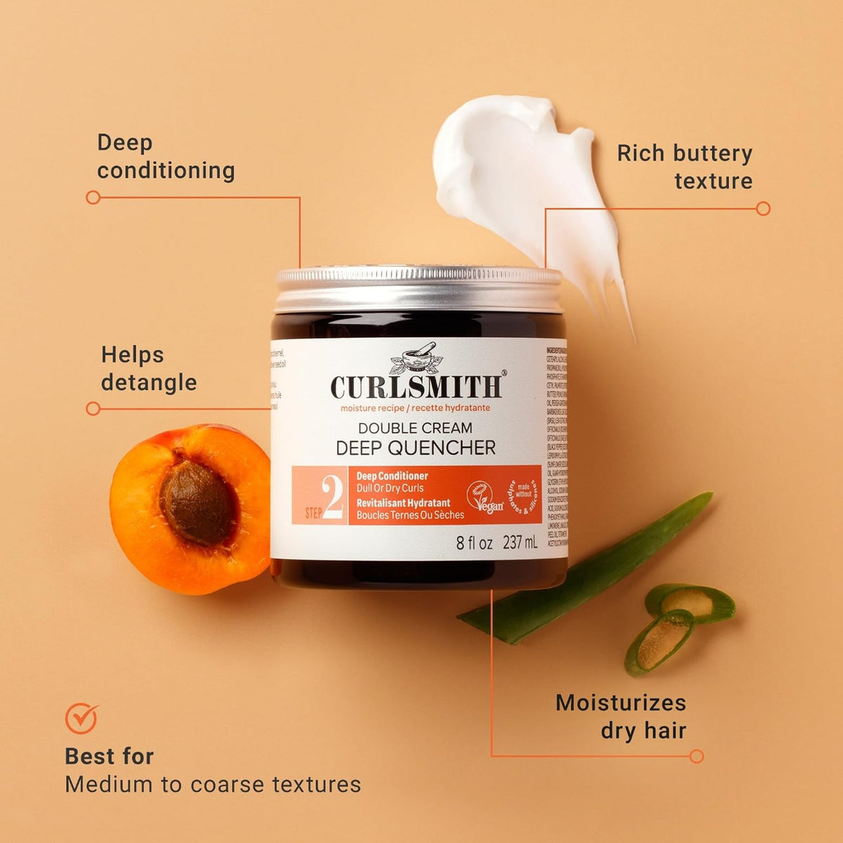 Curlsmith Double Cream Deep Quencher deep conditioning hair conditioner with apricot and aloe vera on a beige background.