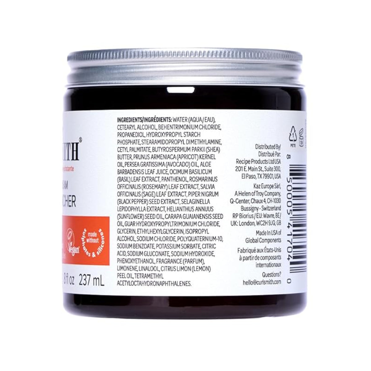 Curlsmith hair product in dark glass jar with silver lid, ingredient list visible on white label, 237 mL.