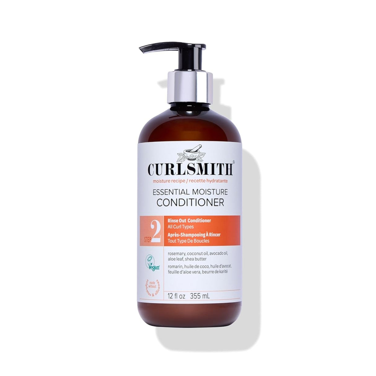 Curlsmith Essential Moisture Conditioner, brown 355ml pump bottle with orange and white label.