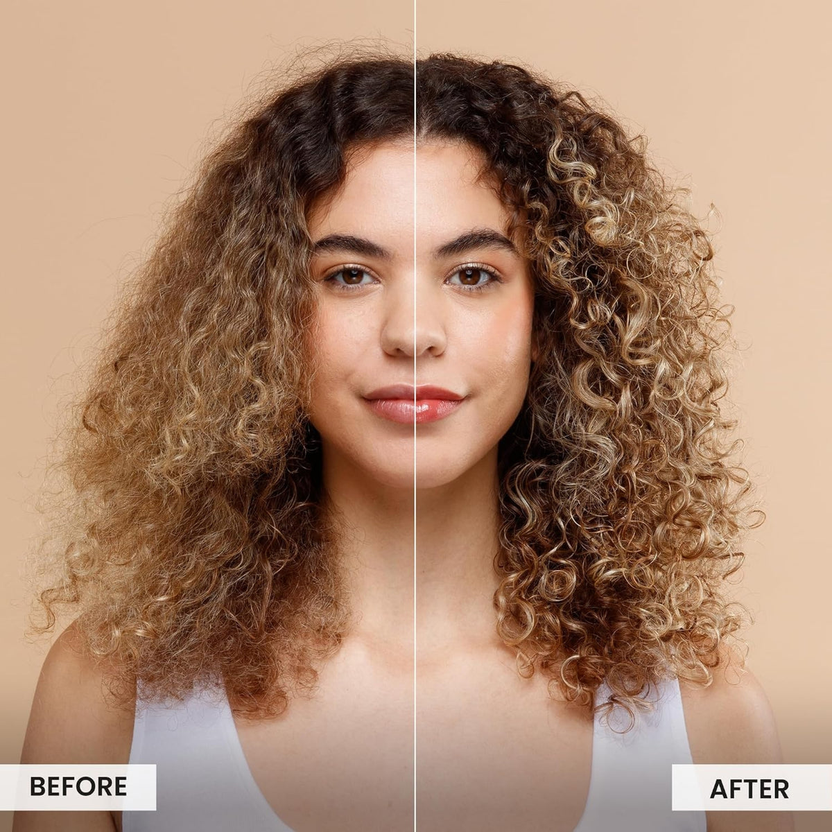Before and after image of curly hair: Dry, frizzy hair on the left, defined and shiny hair on the right after treatment.