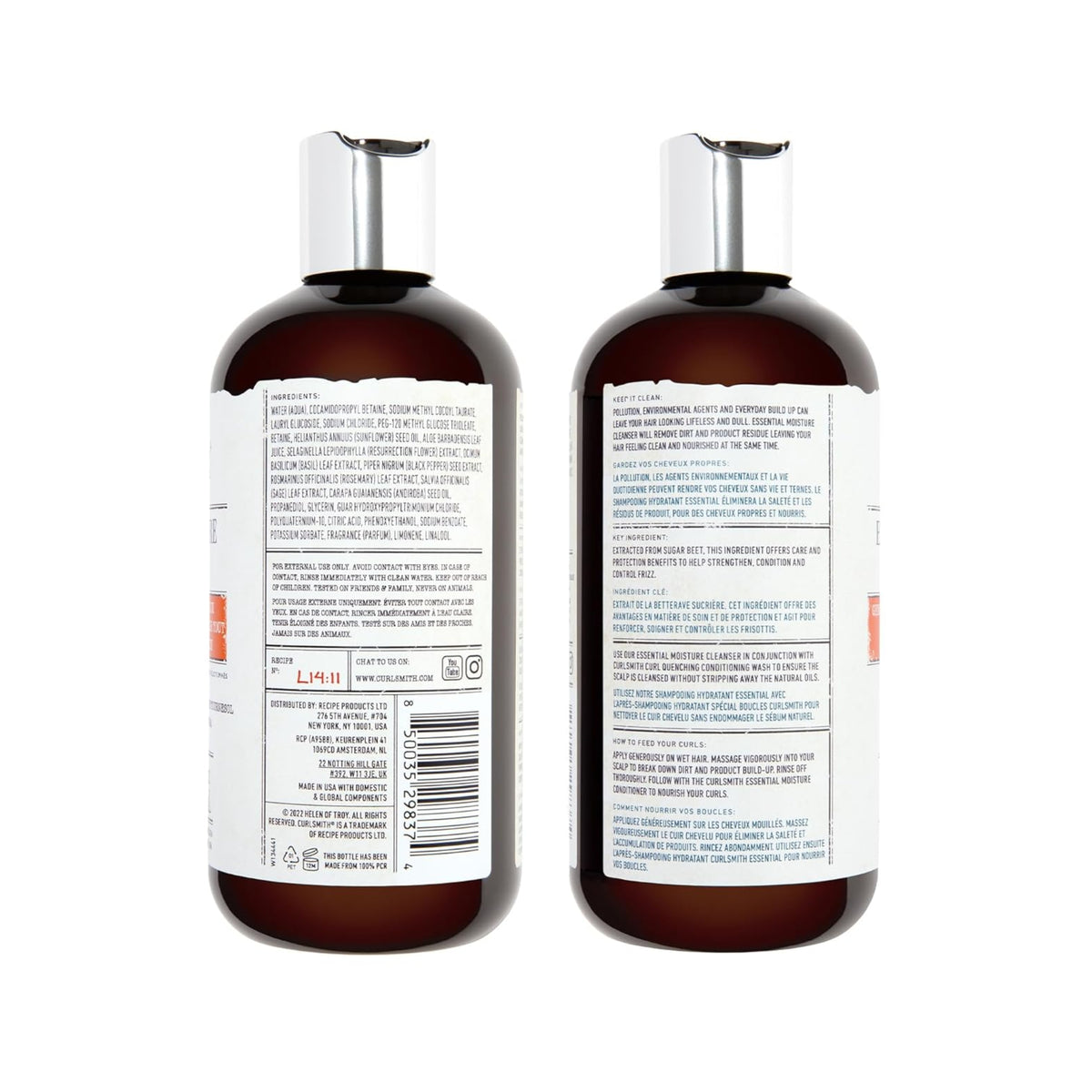 Curlsmith Essential Moisture Cleanser - two brown bottles with white labels showing ingredients and instructions in English and French.