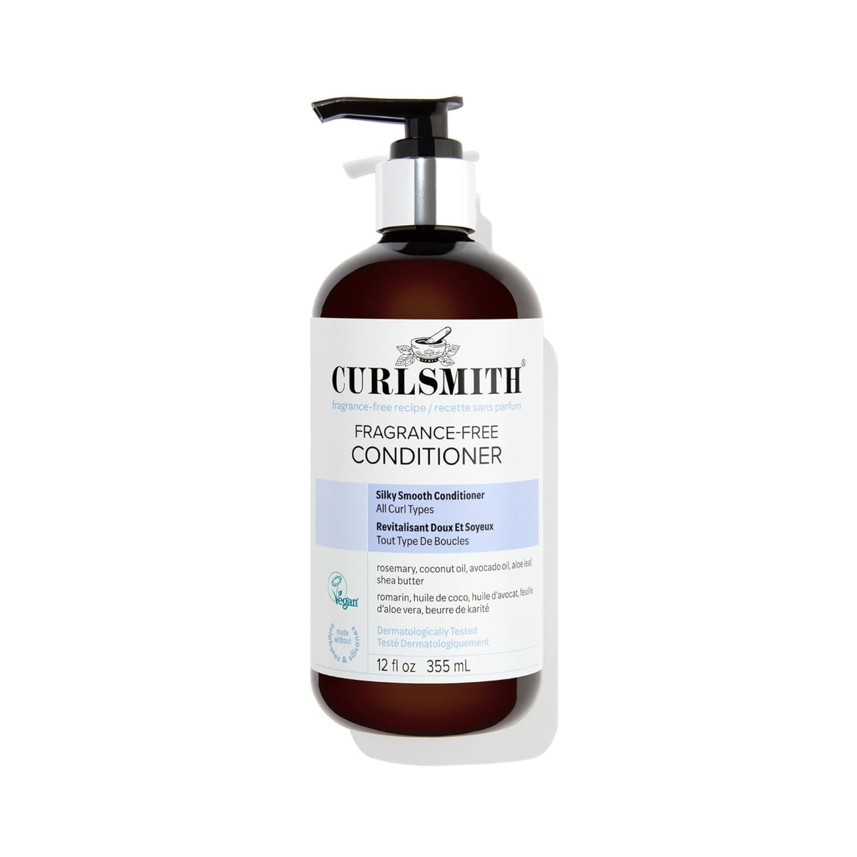 Curlsmith Fragrance-Free Conditioner in brown pump bottle with white and blue label, 355 ml.
