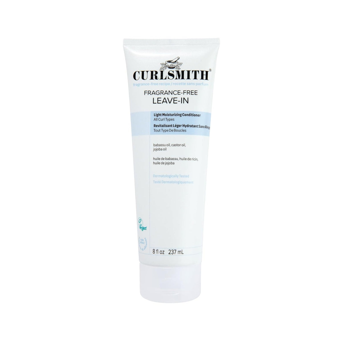 Curlsmith Fragrance-Free Leave-In white tube, 237 ml, with blue label for all curl types.