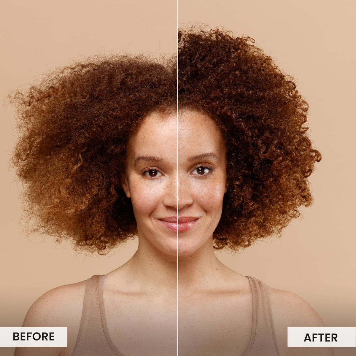 Before and after comparison of curly hair, clearly shows more defined and shiny curls after treatment.
