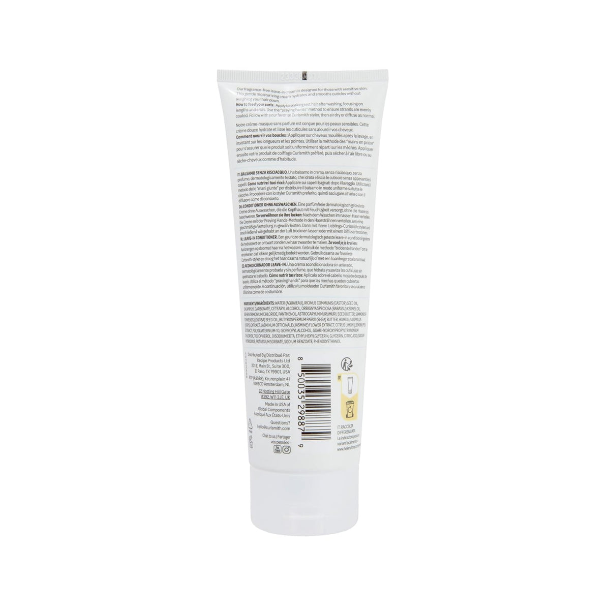 Back of Curlsmith white tube with perfume-free leave-in conditioner, ingredient list and instructions for use in several languages.
