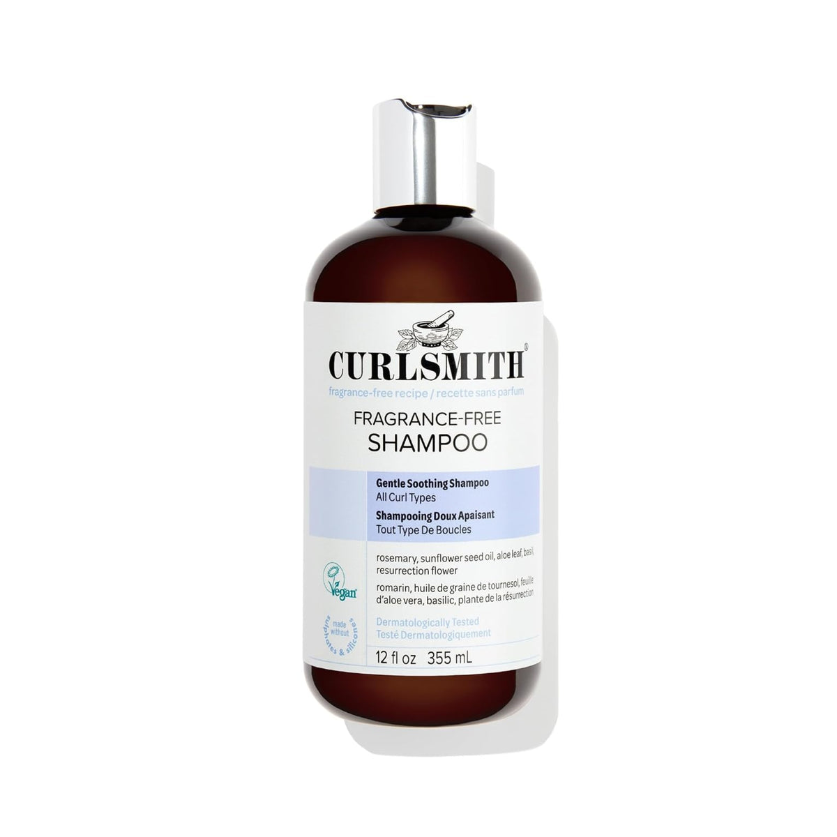 Curlsmith Fragrance-Free Shampoo in brown bottle with silver cap, white label and light blue details, 355 ml.