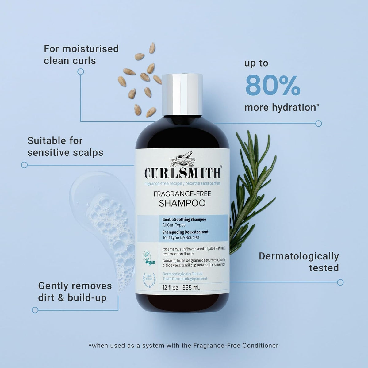 Curlsmith Fragrance-Free Shampoo bottle with rosemary, for moisturized clean curls and 80% more hydration.