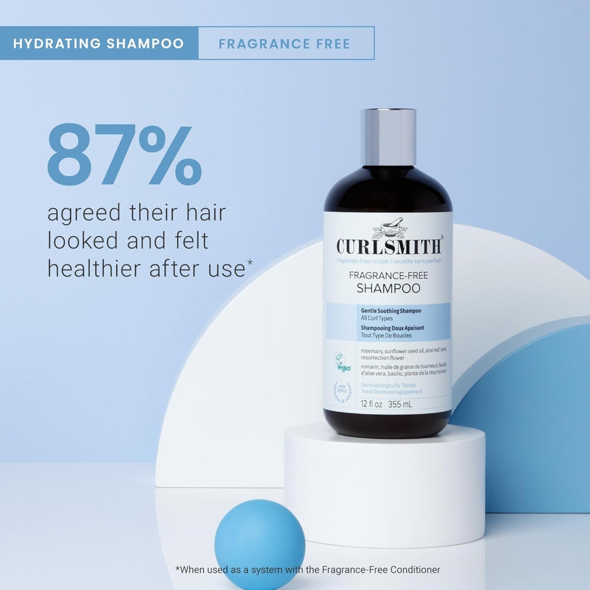 Curlsmith Fragrance-Free Shampoo bottle on white base, 87% experienced healthier hair after use.