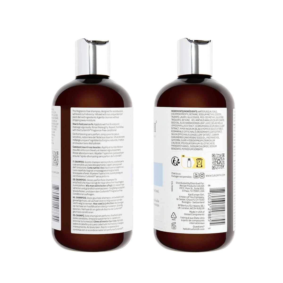 Two brown Curlsmith fragrance-free shampoo bottles with silver lids, showing ingredients list and instructions for use in several languages.
