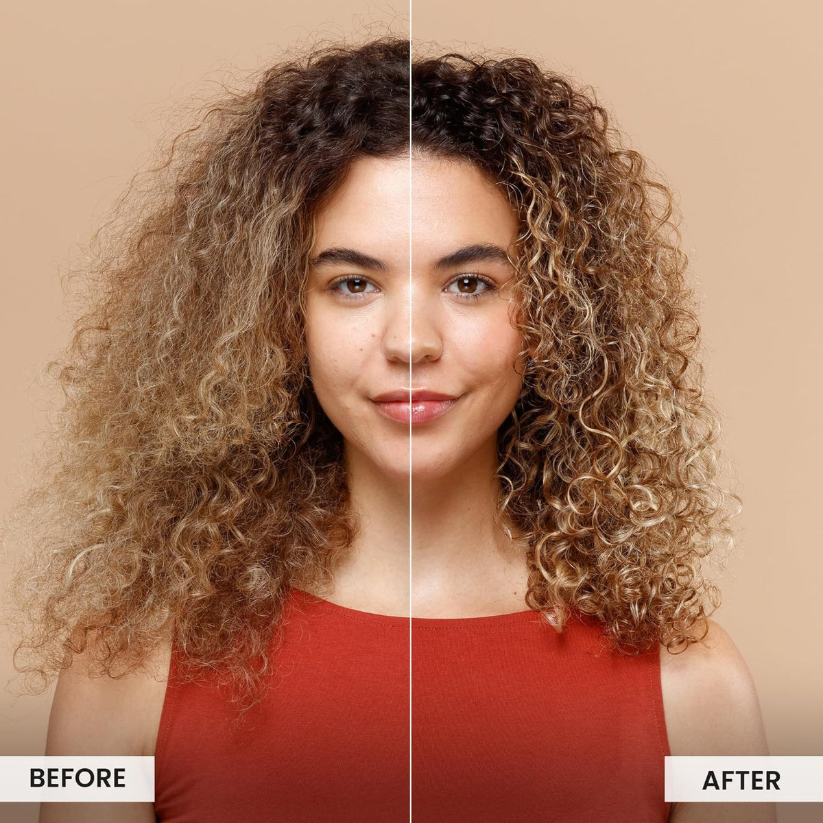 Woman with curly hair showing before/after result - dry, bushy curls on the left, defined, shiny curls on the right.
