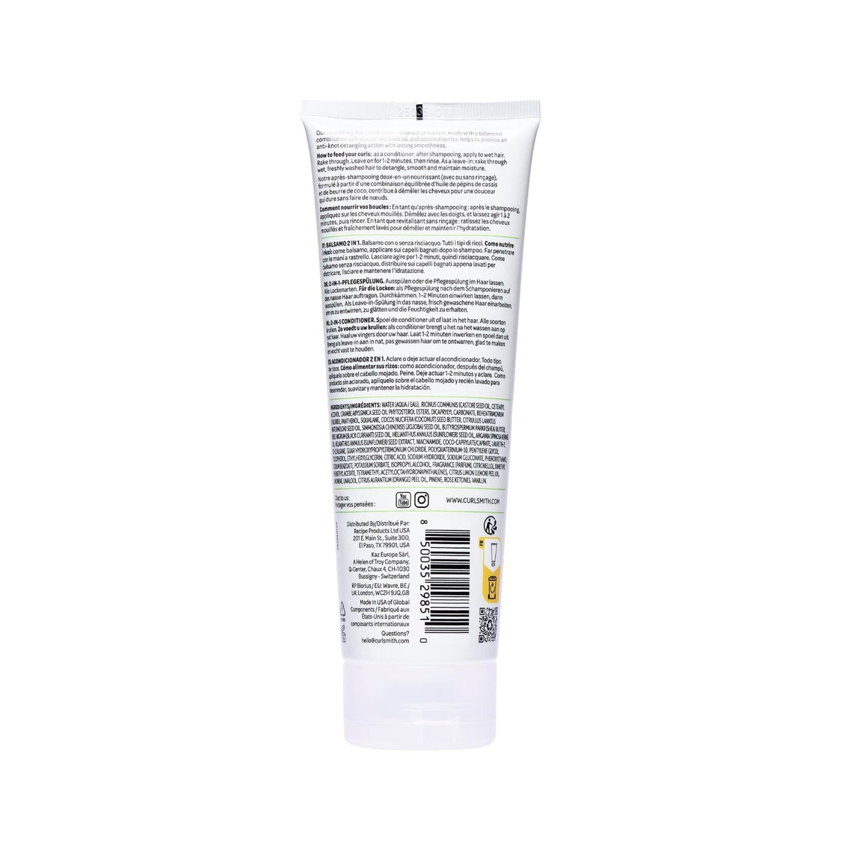 Back of Curlsmith 2-in-1 conditioner tube with instructions for use, list of ingredients and barcode on white background.