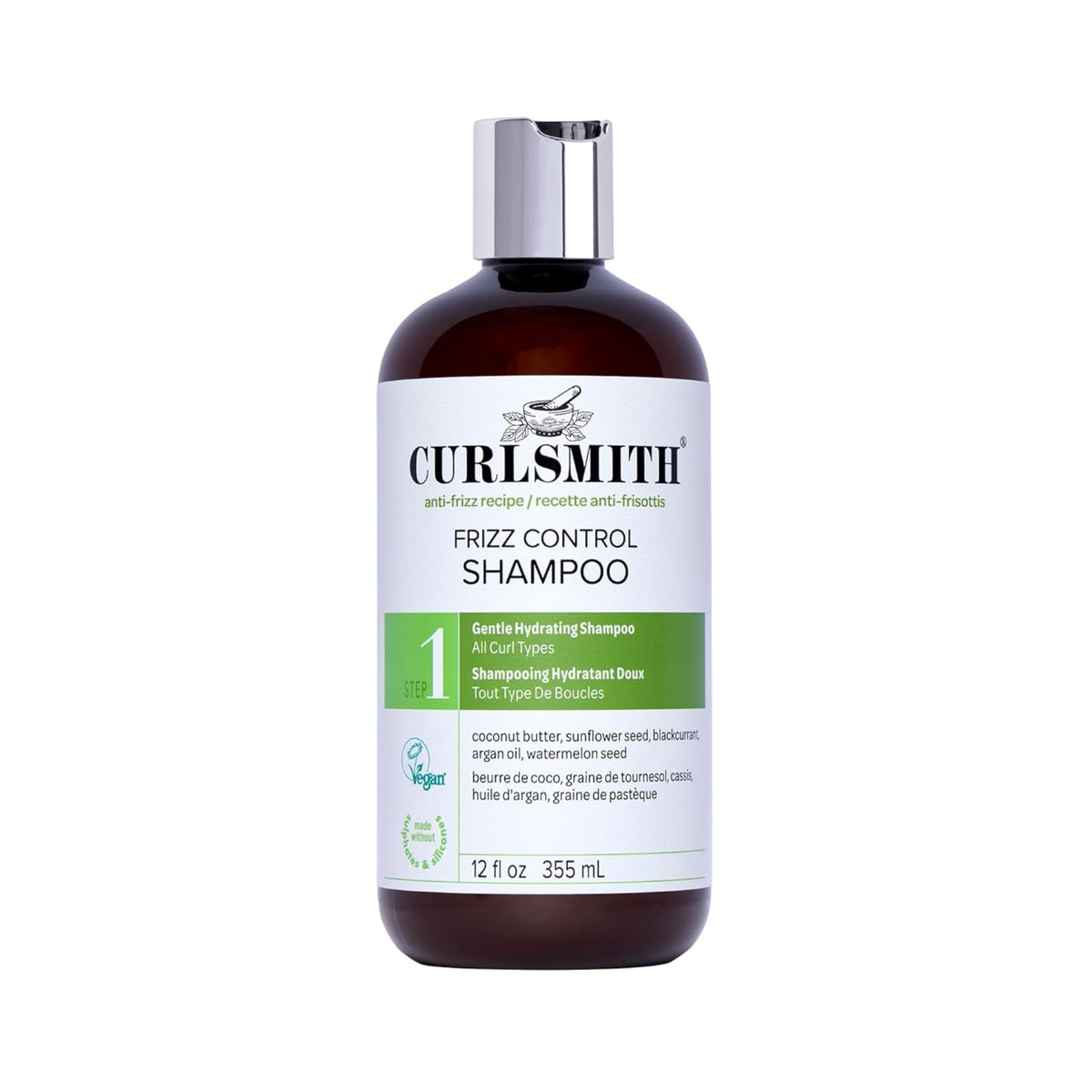 Curlsmith Frizz Control Shampoo in brown bottle with silver cap and white-green label, 355 ml.