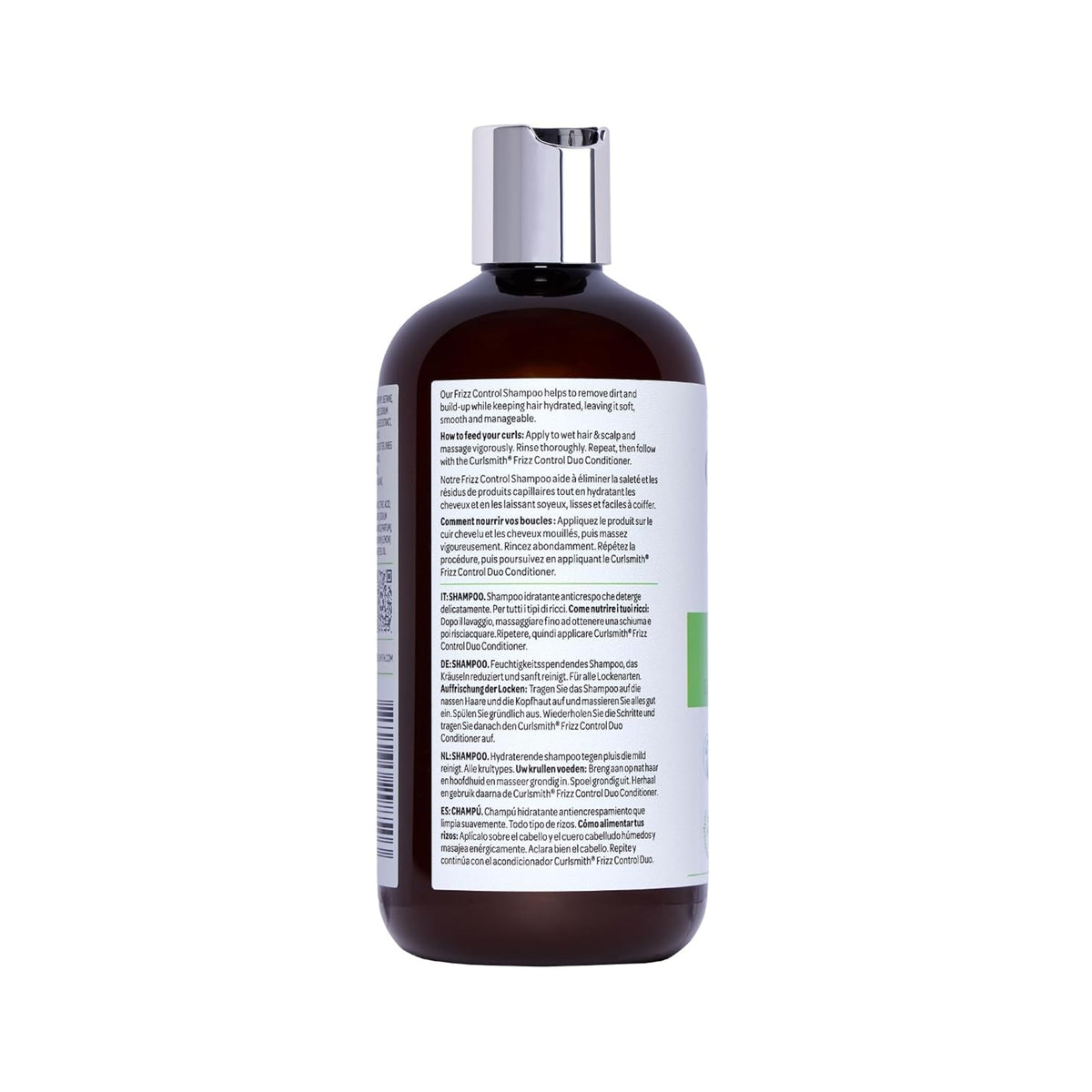 Curlsmith Frizz Control Shampoo in brown bottle with silver lid, back with instructions for use in several languages.