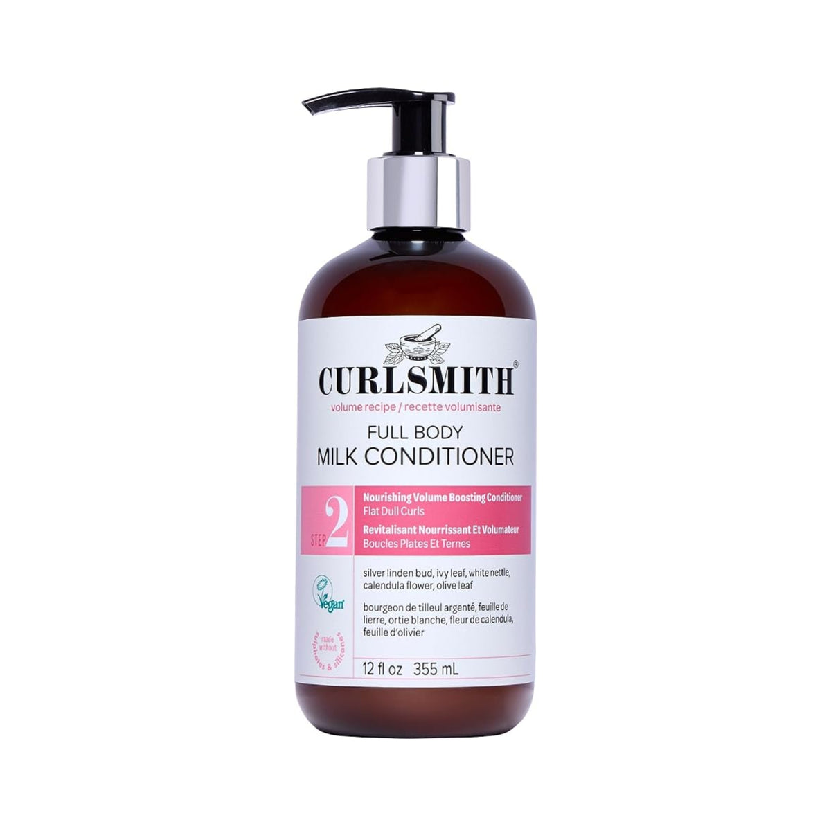 Curlsmith Full Body Milk Conditioner, brown pump bottle with white and pink label, 355ml.