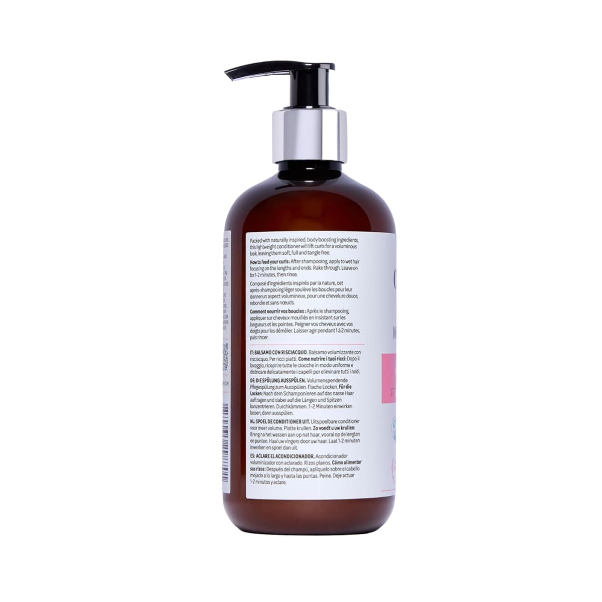 Brown pump bottle conditioner with multilingual label and instructions for curly hair.