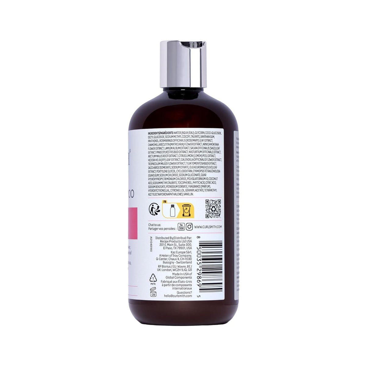 Curlsmith brown shampoo bottle with silver lid, ingredients list and barcode visible on the label.