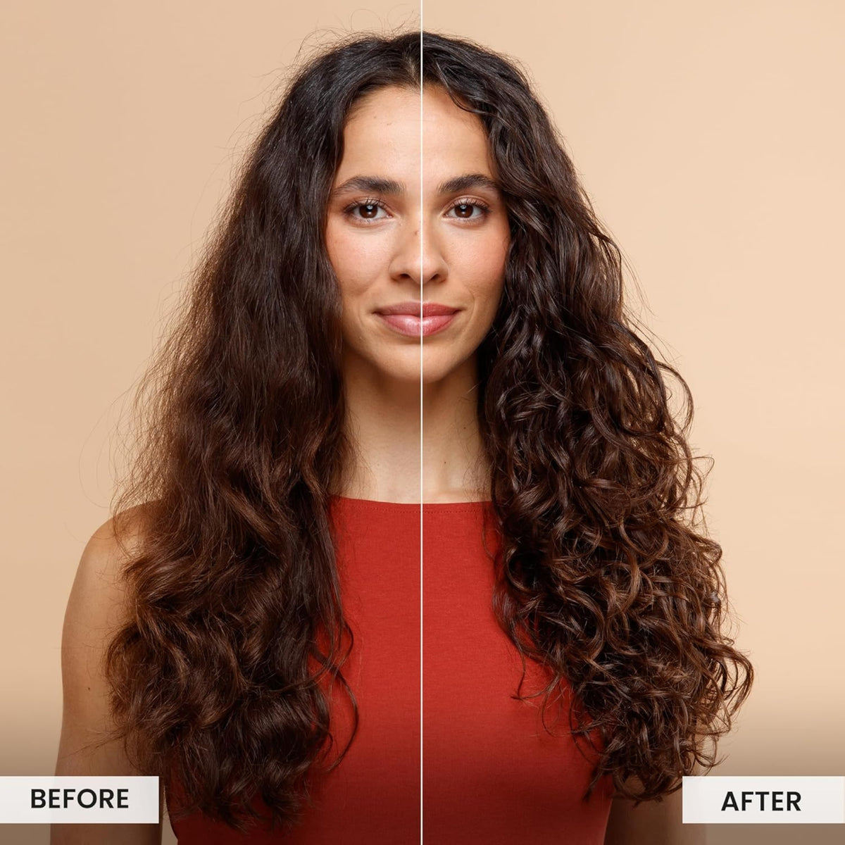 Woman with long curly hair, before and after comparison showing better defined and shiny curls.