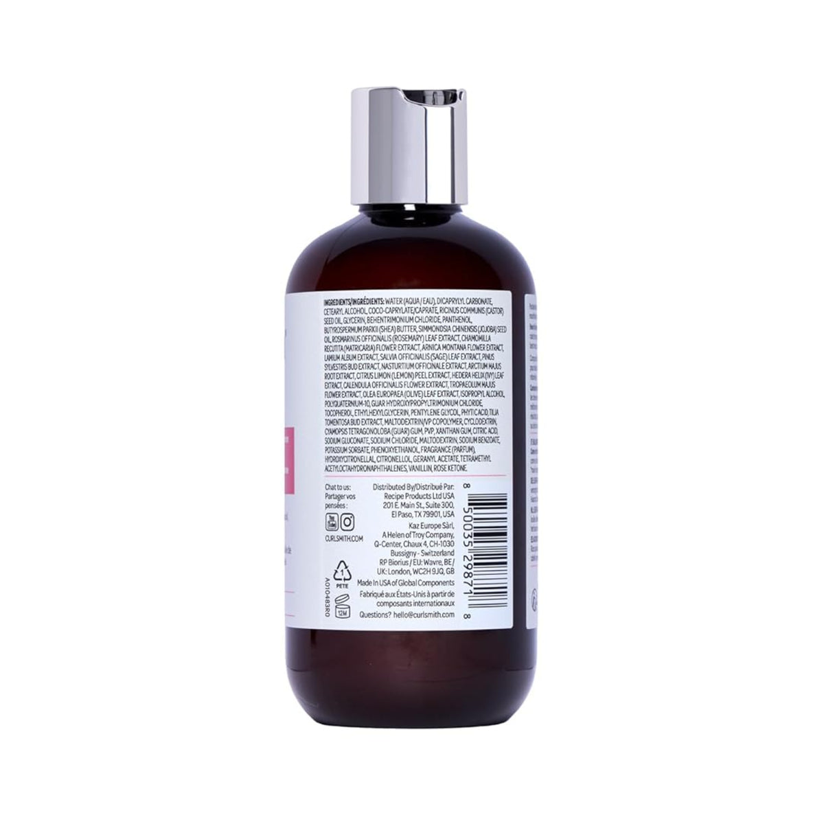 Back of Curlsmith hair care product in brown bottle with silver cap, showing full ingredient list and barcode.