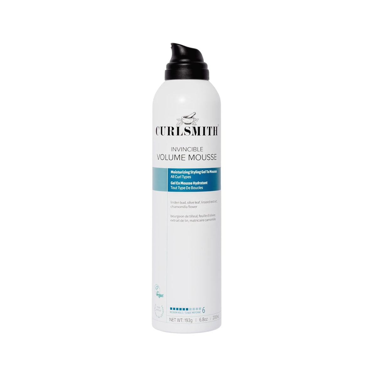 Curlsmith Invincible Volume Mousse, white bottle with black pump cap and blue label, 200 ml.