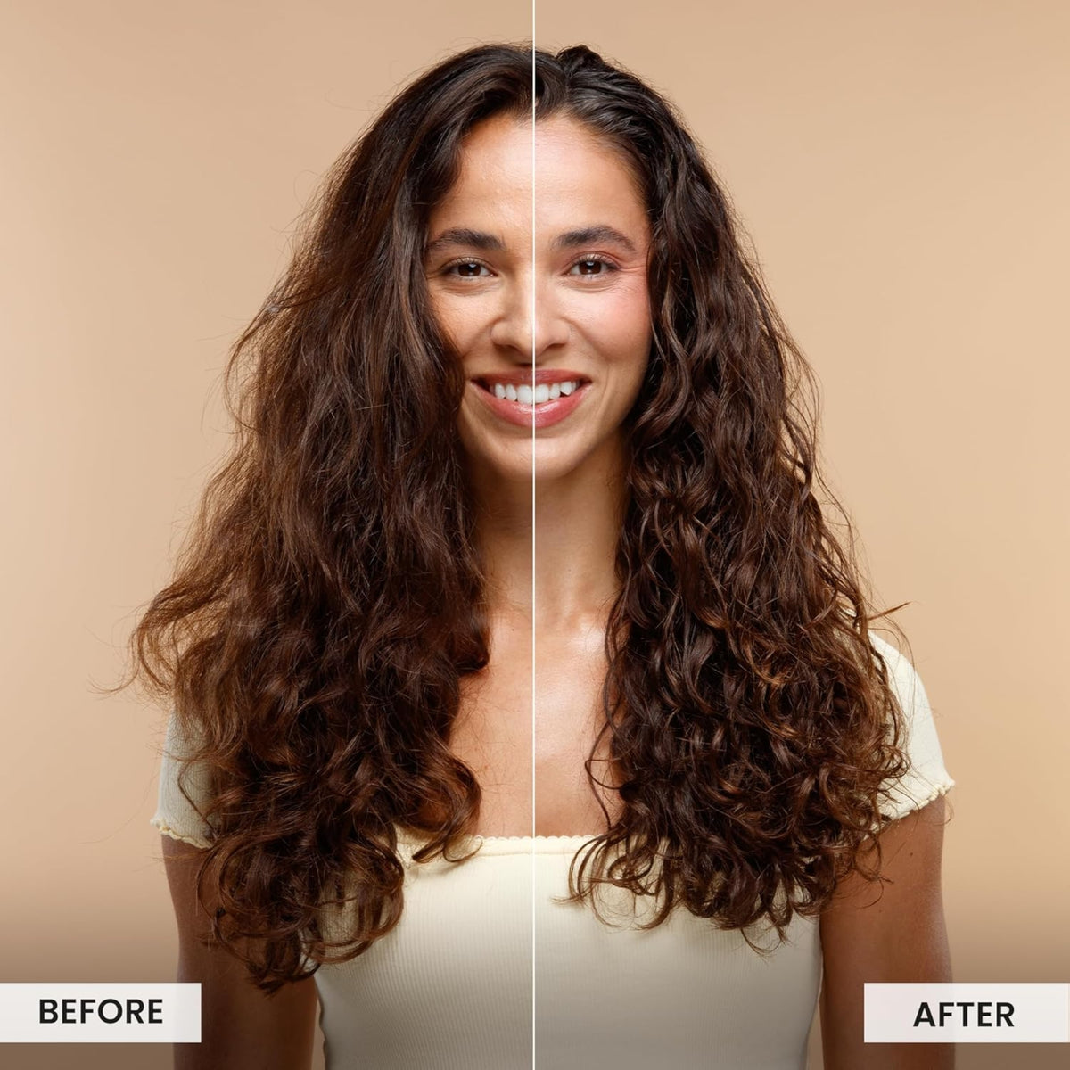 Woman with long curly hair, before and after treatment – ​​left side showing frizzy hair, right side smooth and defined curls.