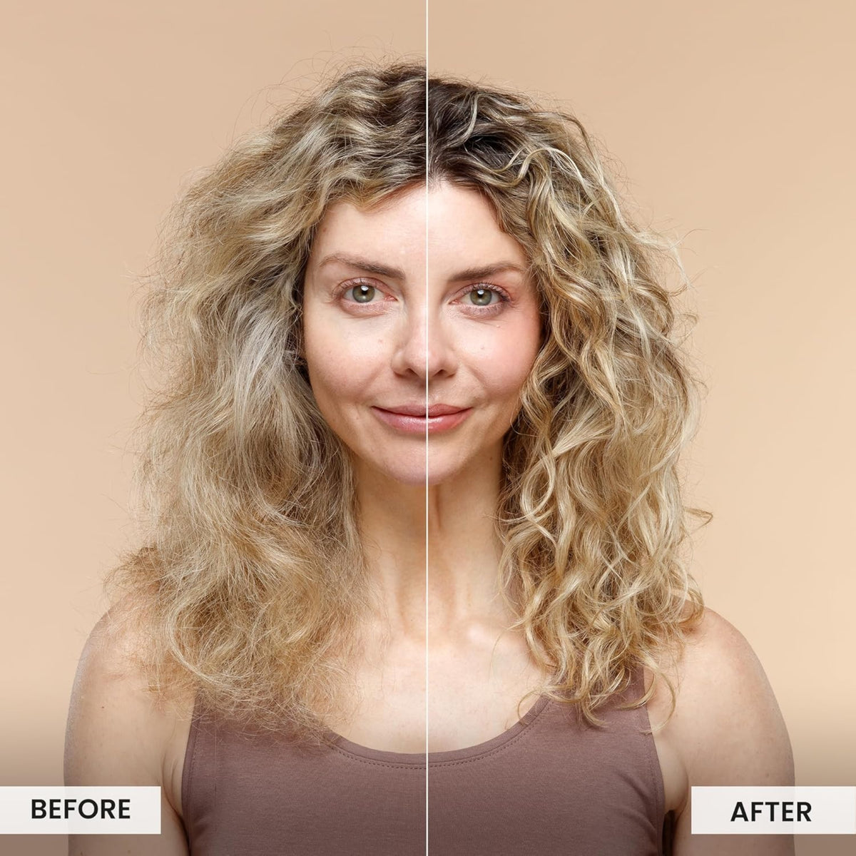 Before and after comparison of curly hair: frizzy and matted to one side, smooth and defined curl to the right.